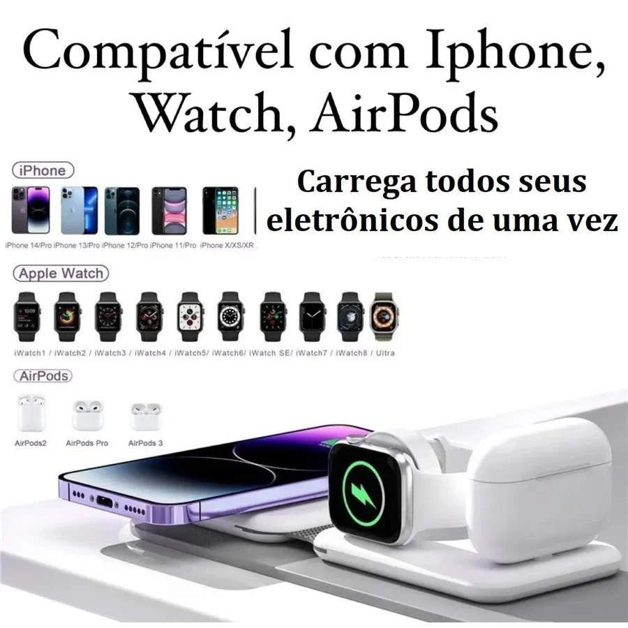 Carregador 3 em 1 por Indução Dobrável para Celular