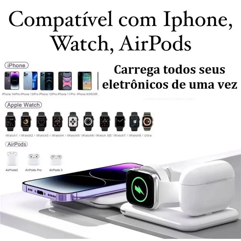 Carregador 3 em 1 por Indução Dobrável para Celular